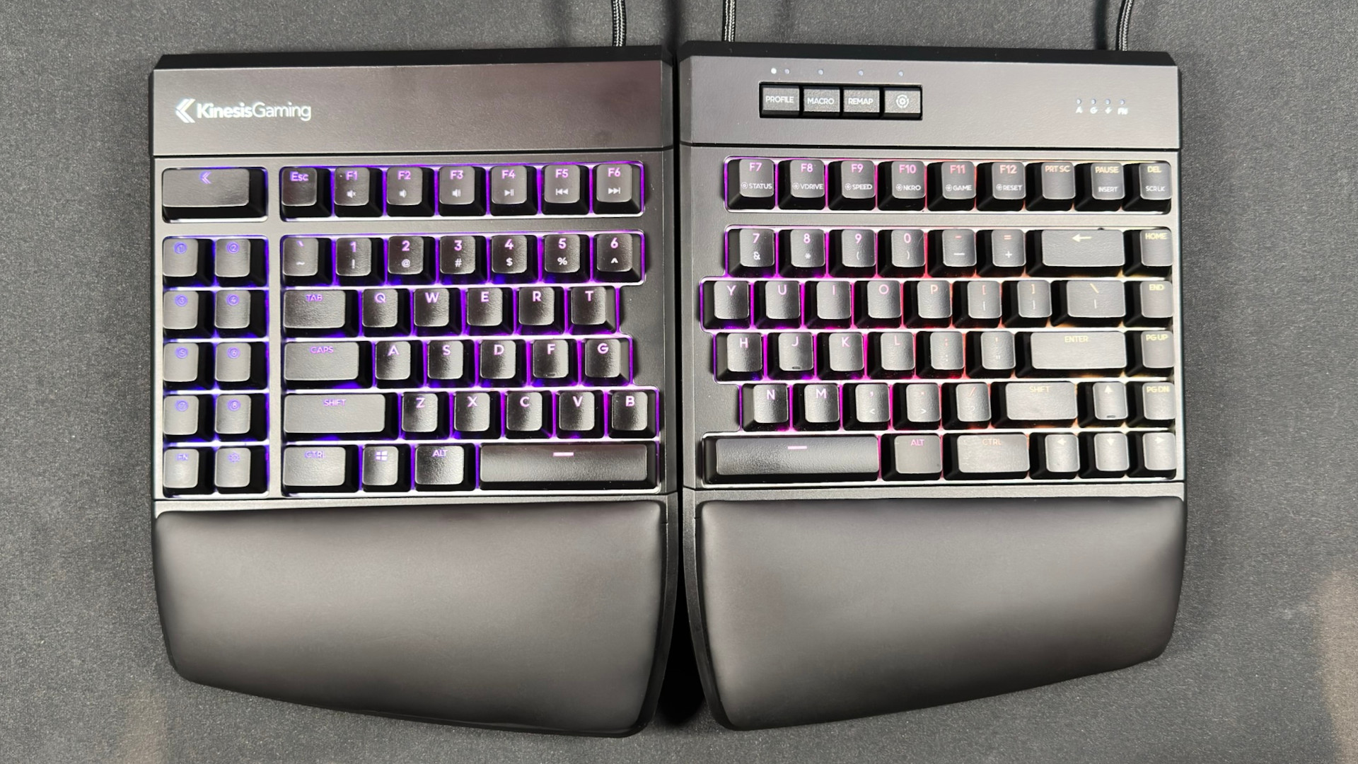 A photograph of the Kinesis Gaming Freestyle Edge RGB Plus ergonomic keyboard