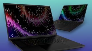 The Razer Blade 18 and Razer blade 16 side by side on a green and purple gradient backgound.