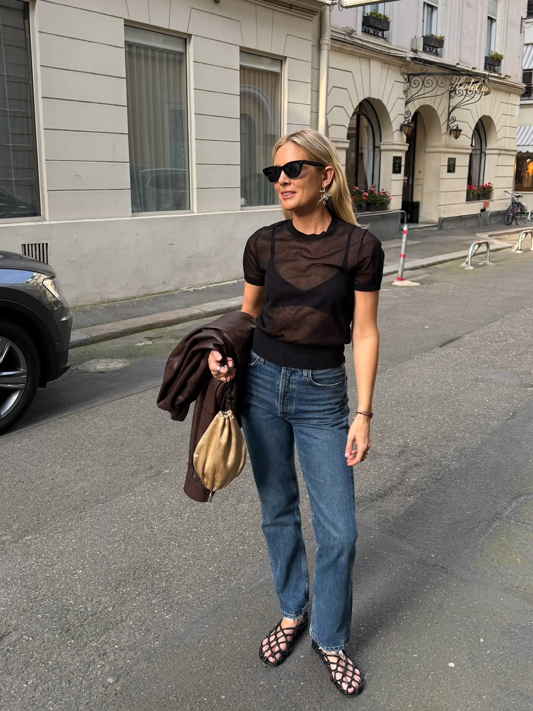 Lucy in jeans and mesh top