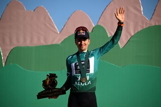 Tom Pidcock celebrates at podium final overall race winner during the 5th AlUla Tour 2025 Stage 5 