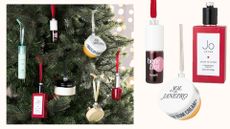 John Lewis beauty baubles hanging on a fir tree