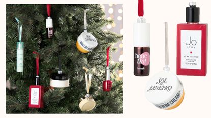 John Lewis beauty baubles hanging on a fir tree