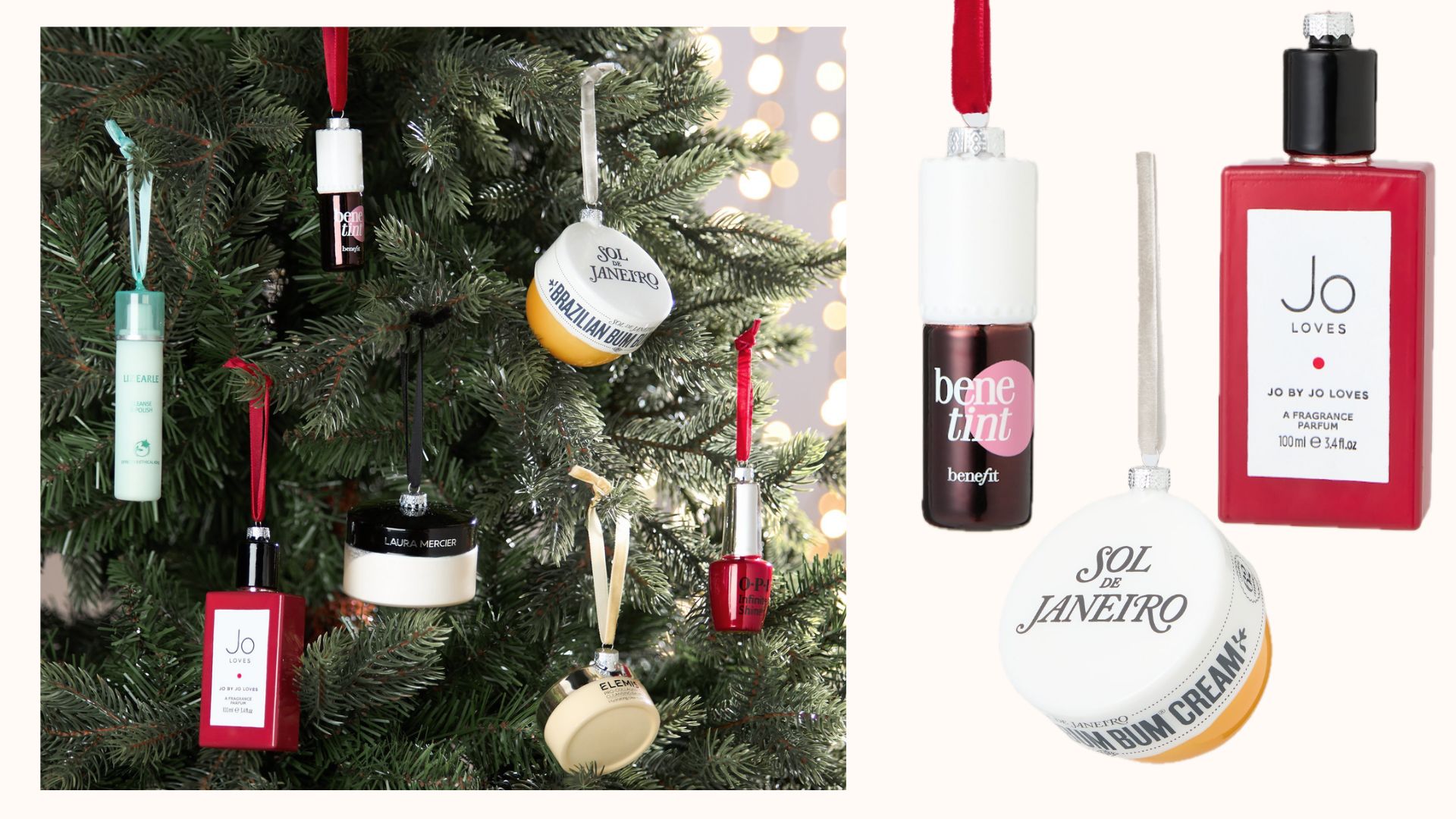 John Lewis beauty baubles hanging on a fir tree