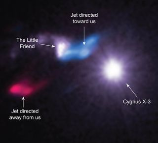 The X-ray binary Cygnus X-3, where a massive star is slowly being eaten by a companion black hole or neutron star, is blasting X-rays toward us and toward the nearby stellar nursery called "Little Friend," which then reflects the rays back to us. Jets of gas (whose carbon monoxide here is shown in red and blue) indicate star formation within Little Friend.