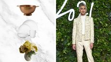 Kitchen items including a copper colander, white dishes and faux florals on a marble background next to Tan France in a white suit in a green floral background