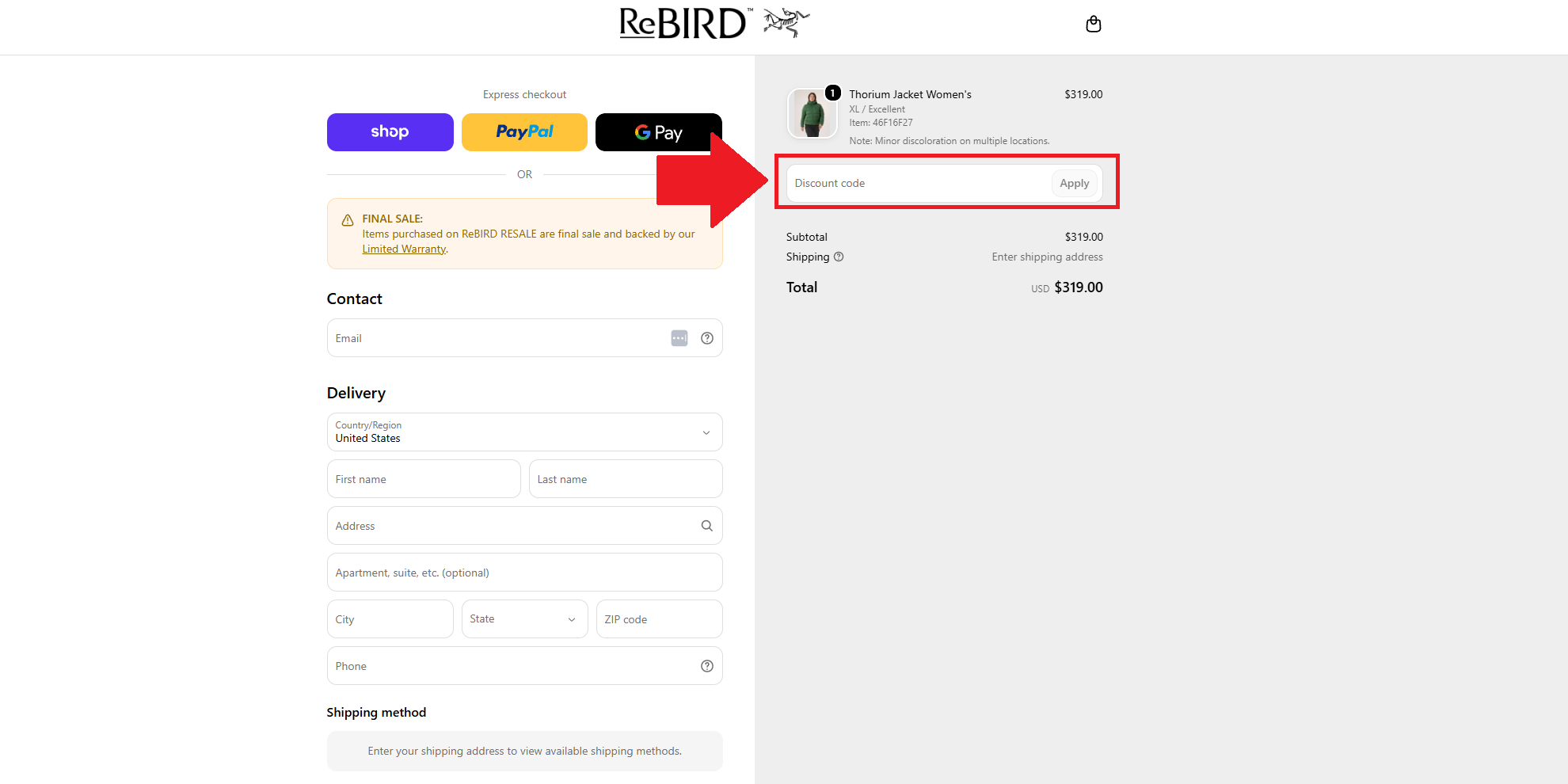 A screenshot showing the arc'teryx checkout page and where to enter a arc'teryx coupon code