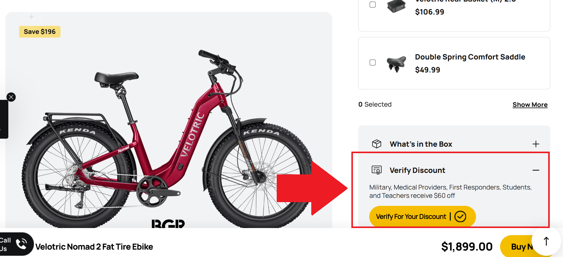 Screenshot of the location of the velotric military discount