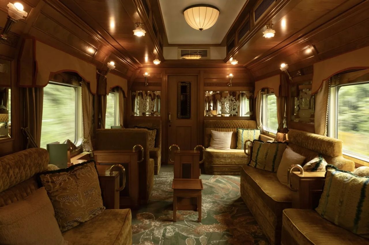 A luxury train filled with plush and stuck-in-time furnishings.