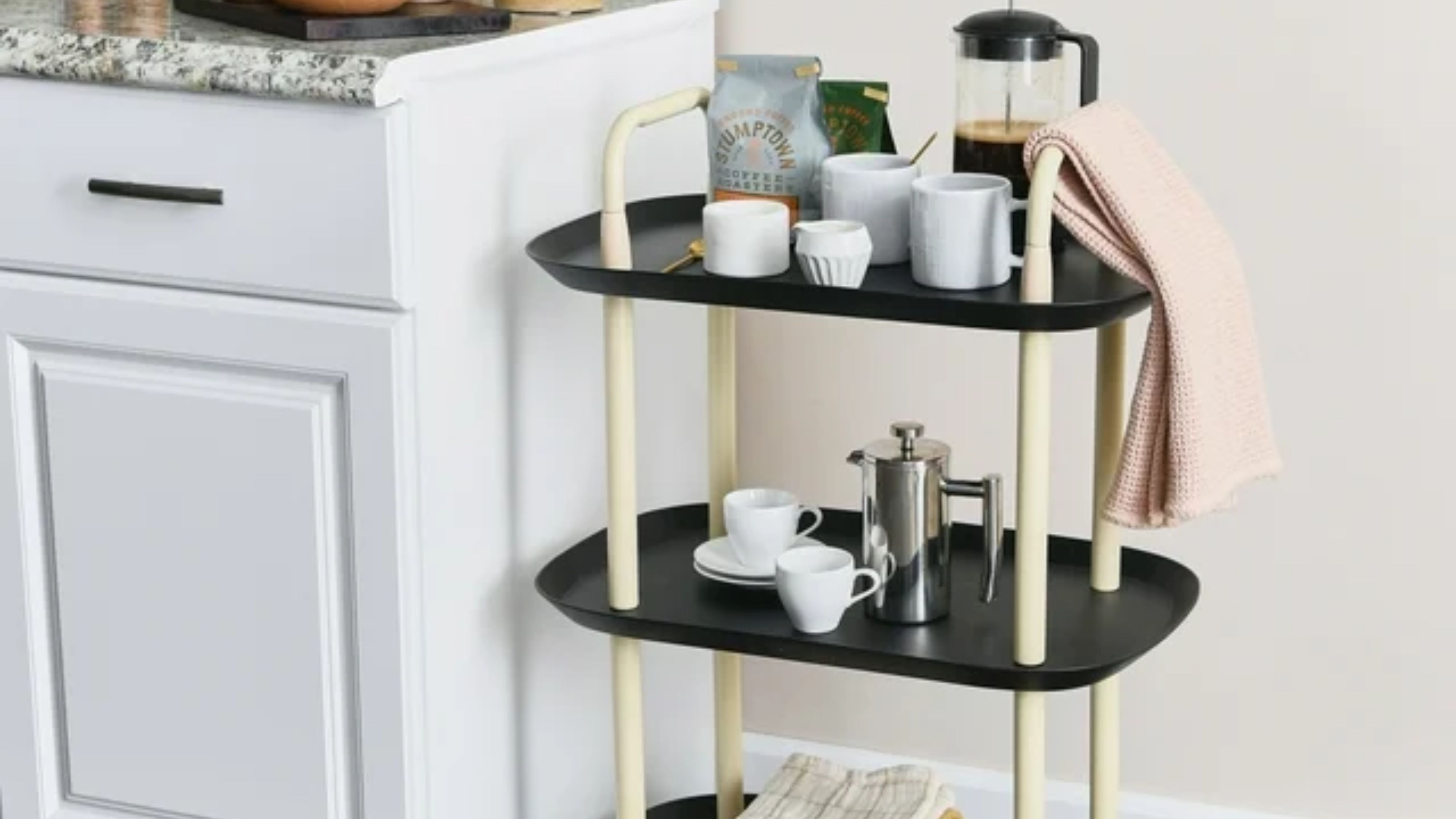 Walmart three-tier kitchen trolley in black and cream