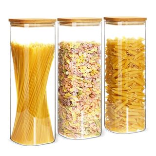 set of three glass spaghetti jars with bamboo lids