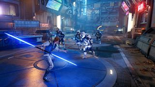 a still from a video game showing a person swinging a laser sword at soldiers in white armor