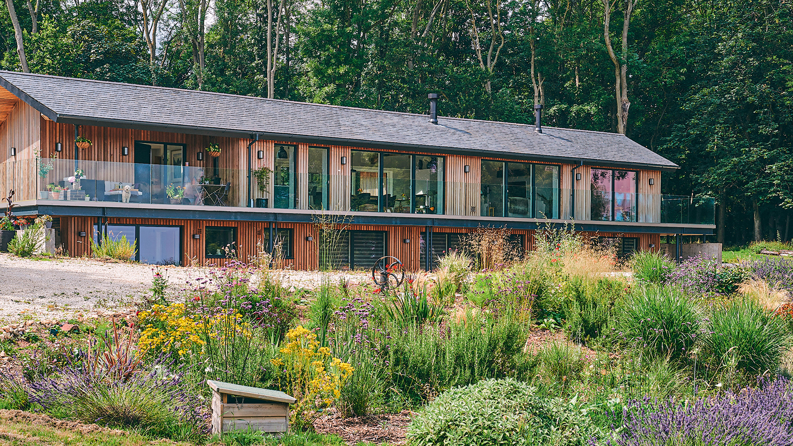A large chalet-style self build home with timber cladding with a drought tolerant front garden planting scheme