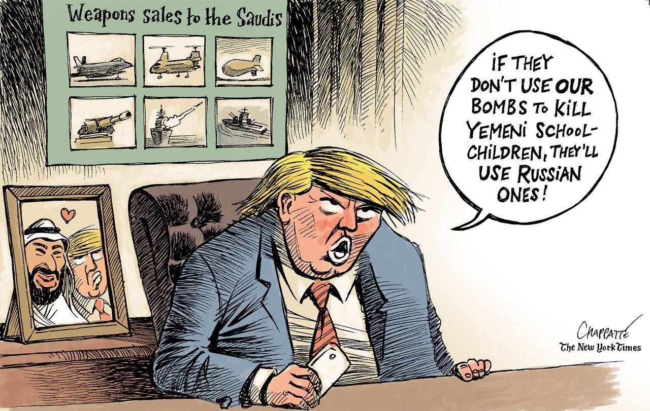 Political cartoon U.S. Trump weapons sales Saudi Arabia Russia Yemen Prince Mohammed bin Salman Jamal Khashoggi