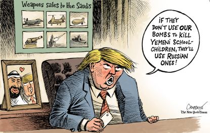 Political cartoon U.S. Trump weapons sales Saudi Arabia Russia Yemen Prince Mohammed bin Salman Jamal Khashoggi