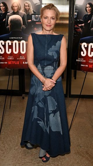 Gillian Anderson wearing denim maxi dress at Scoop premiere