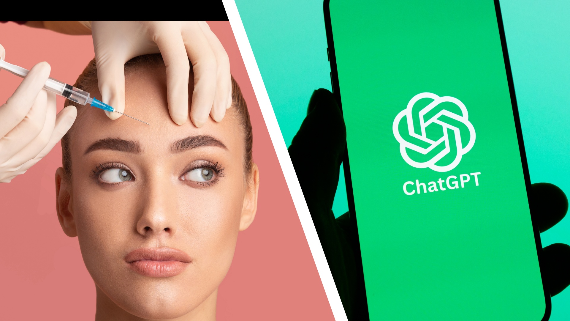A split image of a woman getting Botox and a ChatGPT image on a smartphone.
