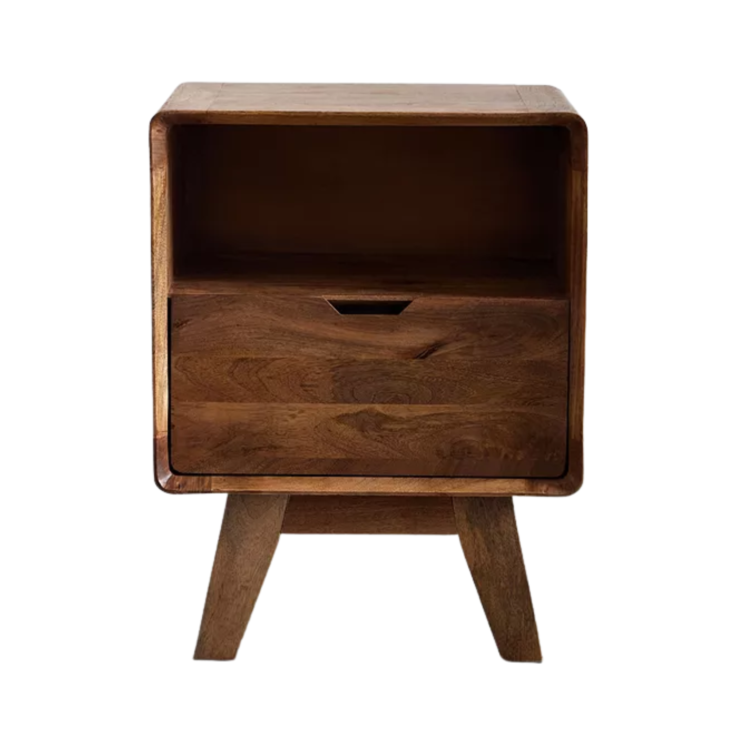 A curved dark wood bedside table from Urban Outfitters