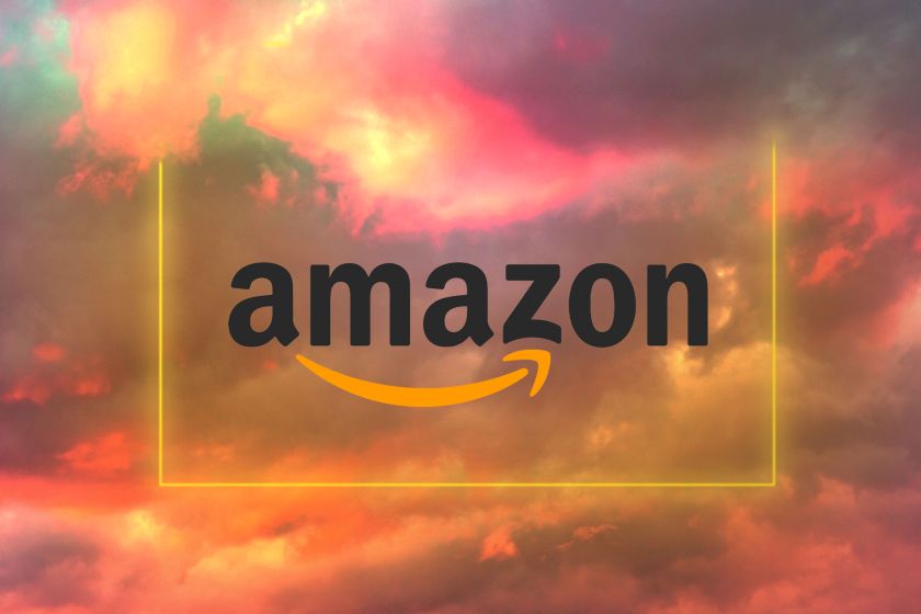 The Amazon logo on a cloudy background