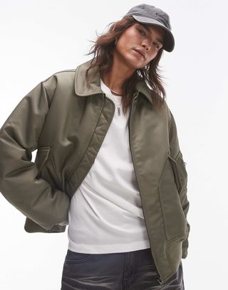 Topshop Twill Nylon Bomber Jacket in Khaki