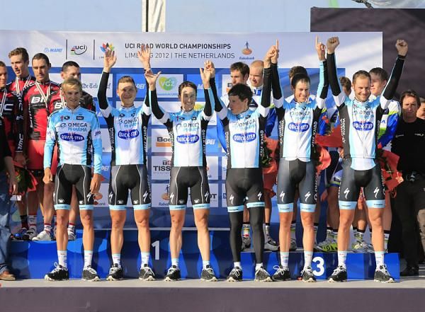 Winners on the podium: Tom Boonen, Sylvain Chavanel, Tony Martin, Niki Terpstra, Kristof Vandewalle and Peter Velits (OmegaPharma - QuickStep)