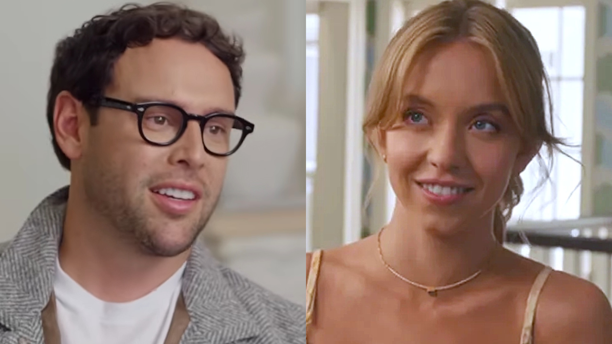 Scooter Braun speaks on the Question Everything podcast, and Sydney Sweeney is shown in Anyone But You.