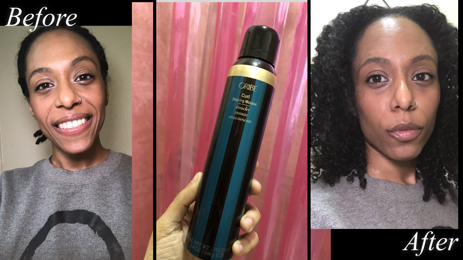 Jamie Wilson before, during, after application of the Oribe Curl Shaping Mousse.