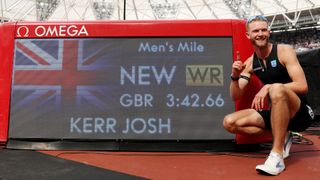 Josh Kerr celebrates winning the 1-mile men's final and setting a new world record during the Novuna London Athletics Meet, part of the 2026 Wanda Diamond League, at London Stadium on July 18, 2026