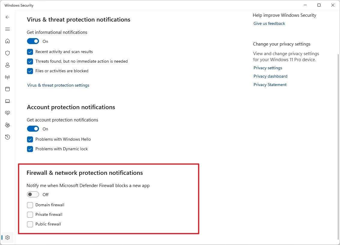 Firewall disable notifications