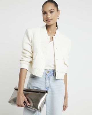 River Island, Cream Boucle Tailored Bomber Jacket