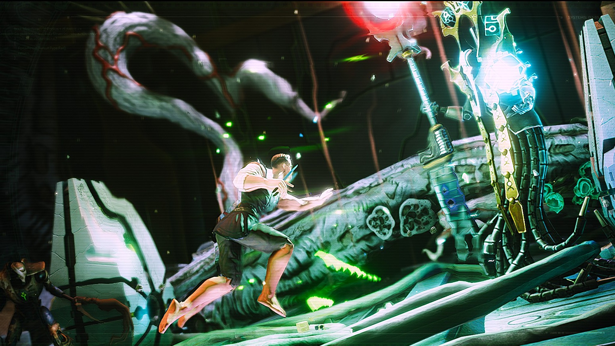 Dynamic scene of a man in futuristic attire leaping amidst a sci-fi setting, with glowing technology and tentacles in the background, conveying tension.