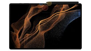 Imagen filtrada de la Samsung Galaxy Tab S8 vista de frente con el S Pen encima.