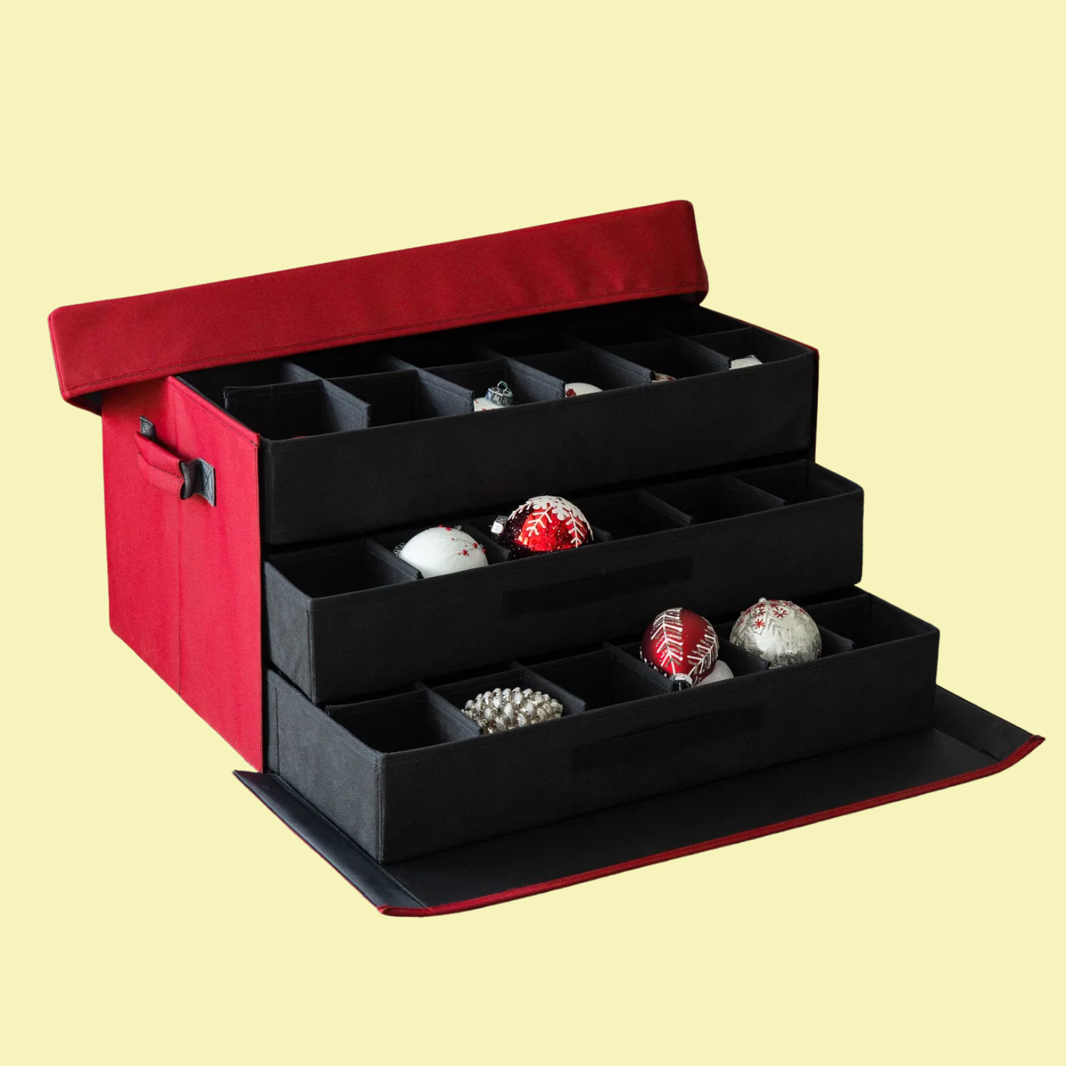 A red bauble box with storage compartments