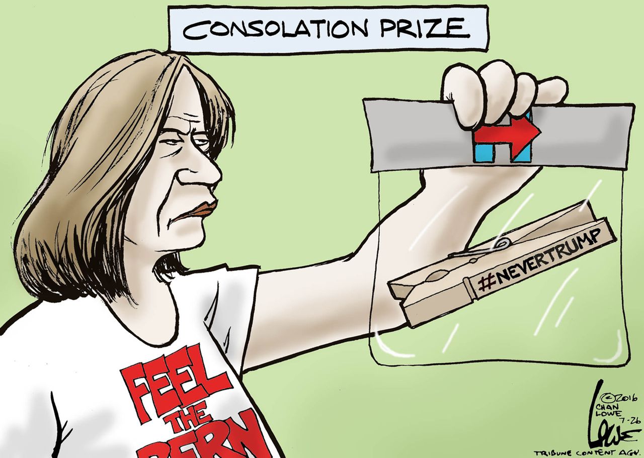 Political cartoon U.S. Bernie Sanders supporters consolation Never Trump