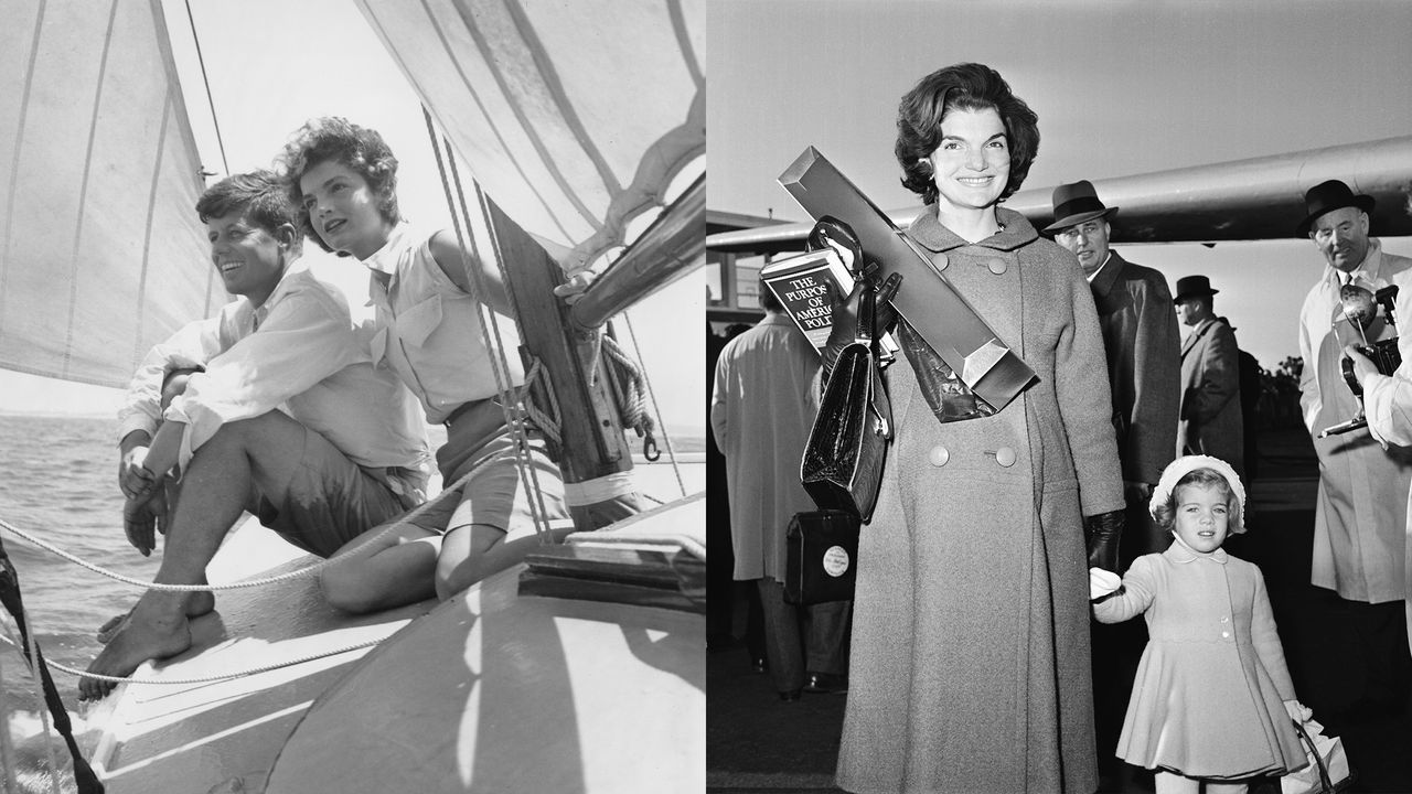 A photo of the Kennedys on a boat and a photo of Jackie Kennedy holding a book