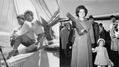 A photo of the Kennedys on a boat and a photo of Jackie Kennedy holding a book