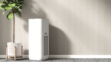 A white dehumidifier stood on the floor of a room with a tree behind it