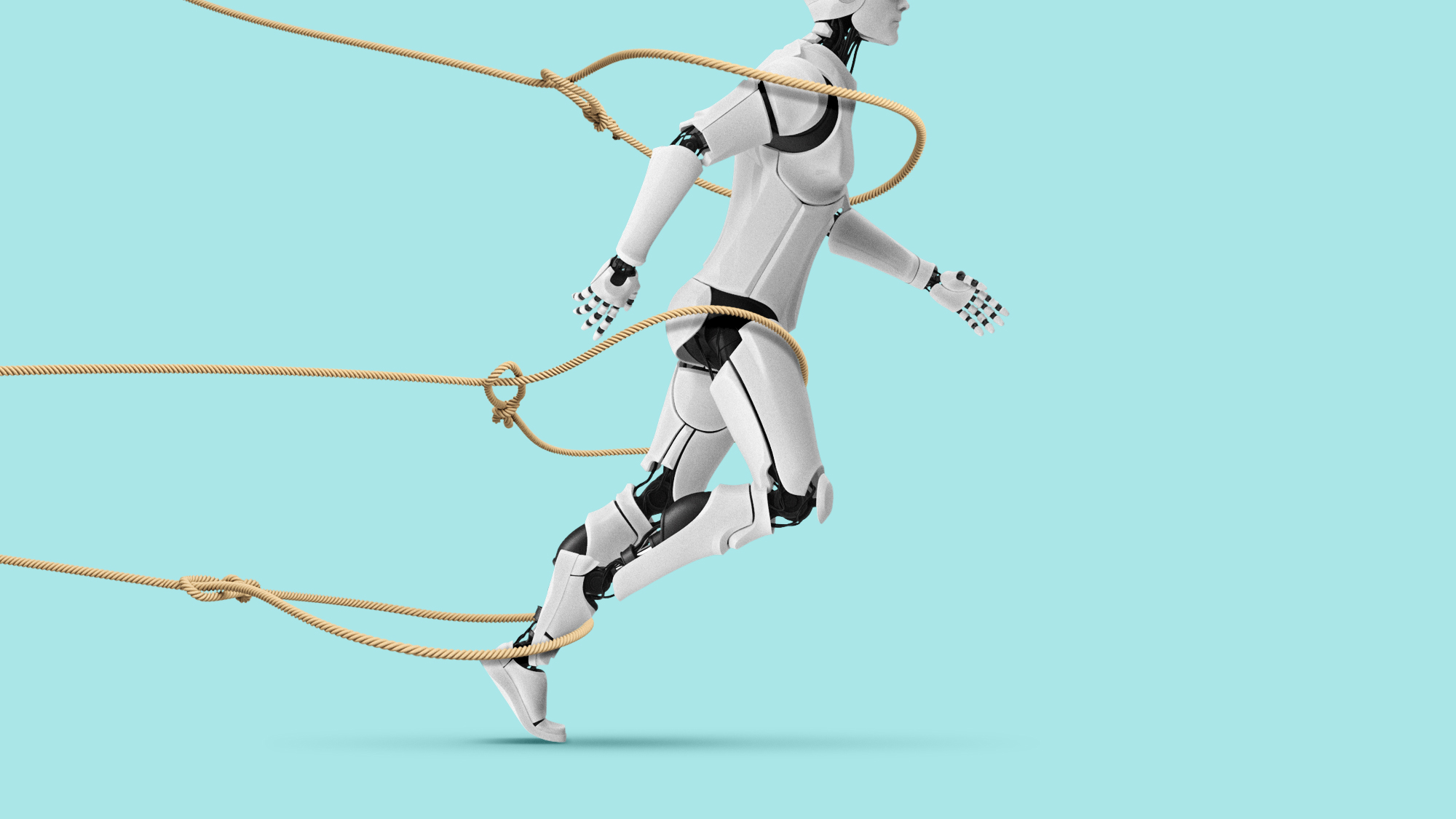 Illustration of an AI robot being lassoed with ropes