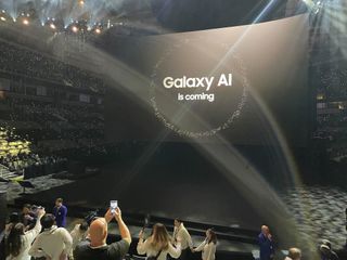 Galaxy AI is coming image shown at the SAP Center.