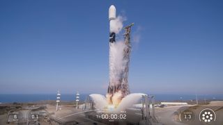 A SpaceX Falcon 9 rocket launches the NAOS Earth-observation satellite and seven other spacecraft from Vandenberg Space Force Base on Aug. 26, 2025.