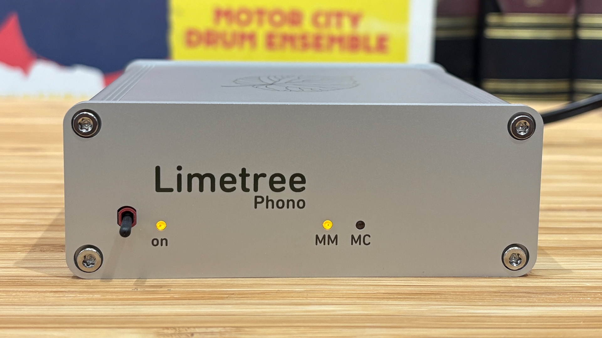 Lindemann Limetree Phono II phono stage on wooden hi-fi rack detail of front panel