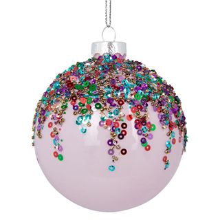 Amara Sequin Bauble. High-gloss white baubles are topped with multi-coloured sequins.