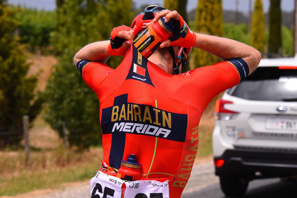 A Bahrain-Merida rider tries to beat the heat