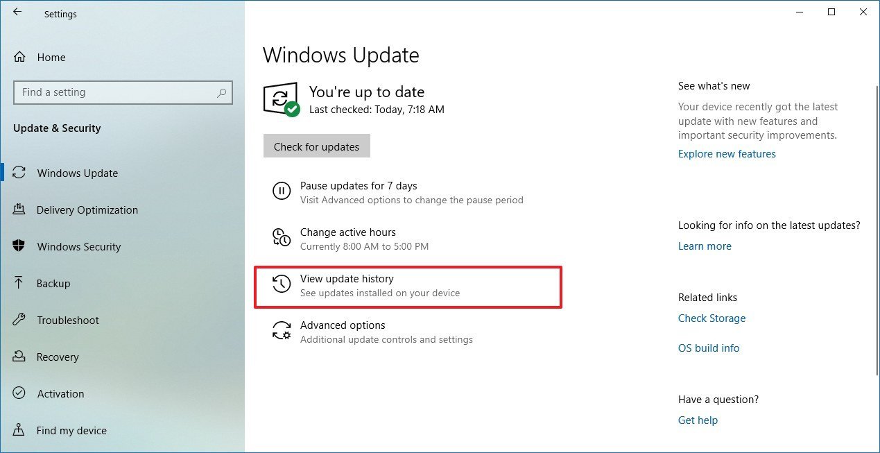 Windows Update history option