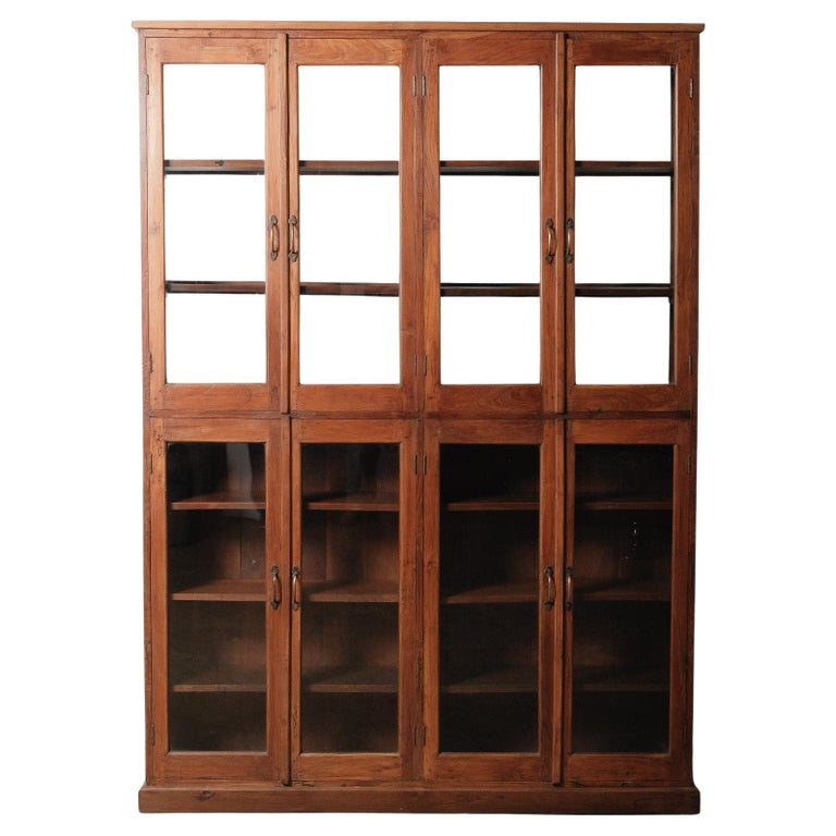 Vintage Glass-Front Display Cabinet Bookcase With Double Doors