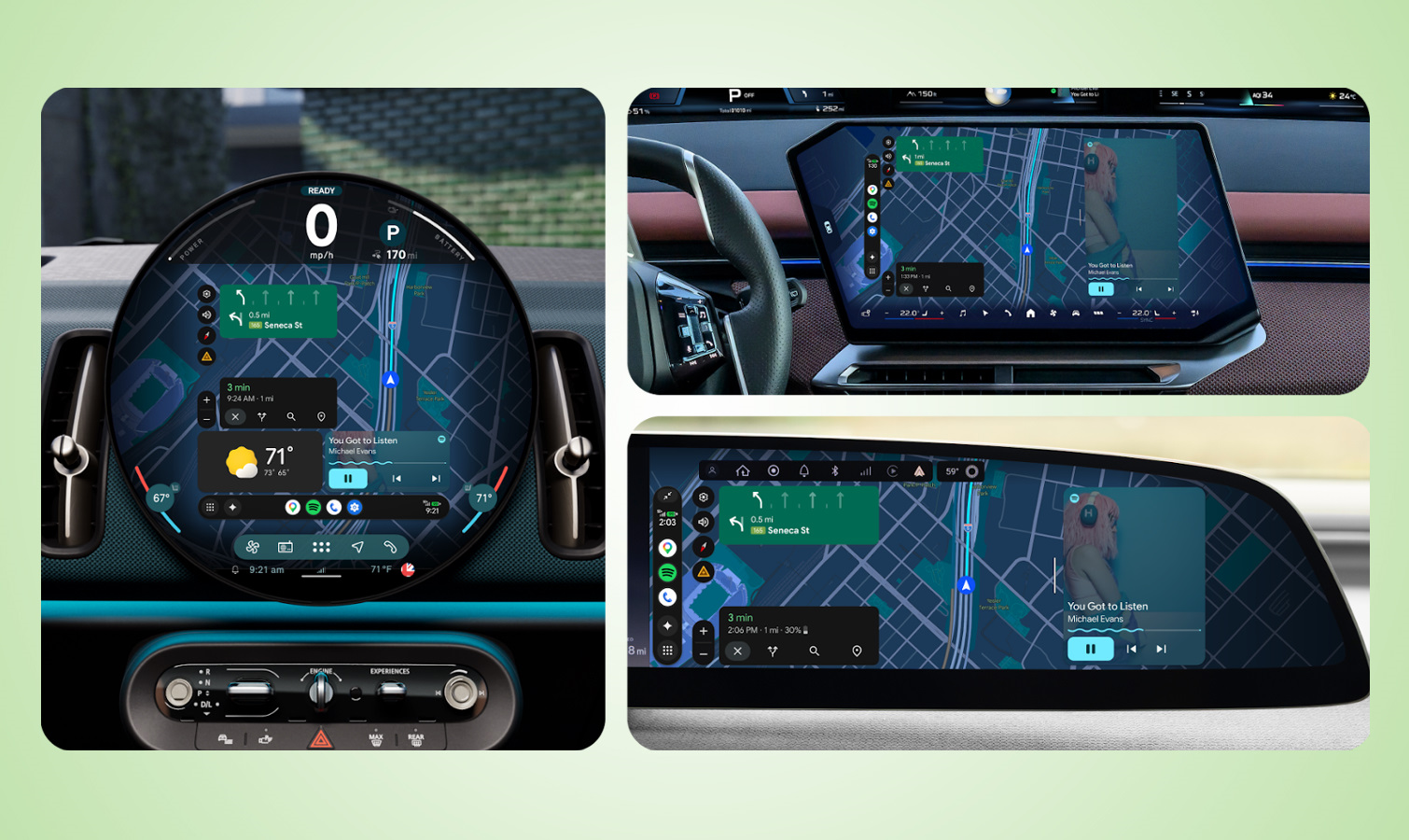Android Auto shown on different shaped car displays.