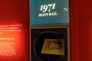 The first envelope postmarked on the moon, the Apollo 15 "Moon Mail," as seen in the "Gems of American Philately" exhibit in the new William H. Gross Stamp Gallery in Washington, D.C.