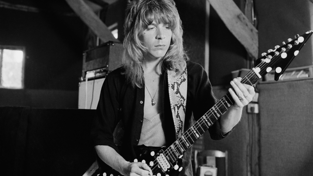 American guitarist Randy Rhoads recording Ozzy Osbourne's 'Blizzard of Ozz' album at Ridge Farm Studio, 1980