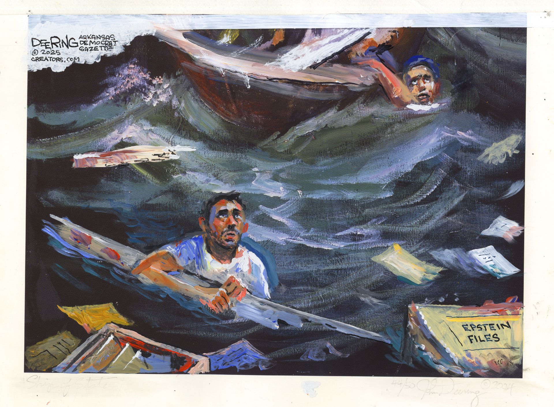 
                                This cartoon depicts two frightened men in the ocean floating on scraps of a destroyed boat. They look up to the sky. A box labeled “Epstein Files” floats nearby.
                            