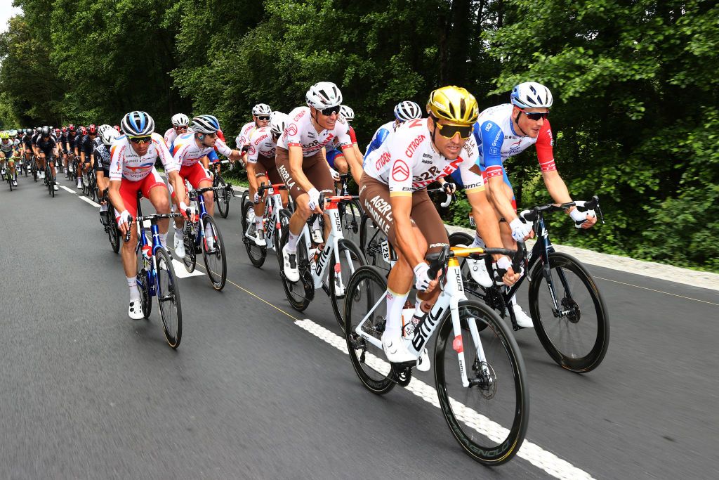 FOUGERES FRANCE JUNE 29 Aurlien ParetPeintre of France and AG2R Citron Team Vctor De La Parte of Spain and Team TotalEnergies Greg Van Avermaet of Belgium and AG2R Citron Team during the 108th Tour de France 2021 Stage 4 a 1504km stage from Redon to Fougres LeTour TDF2021 on June 29 2021 in Fougeres France Photo by Michael SteeleGetty Images