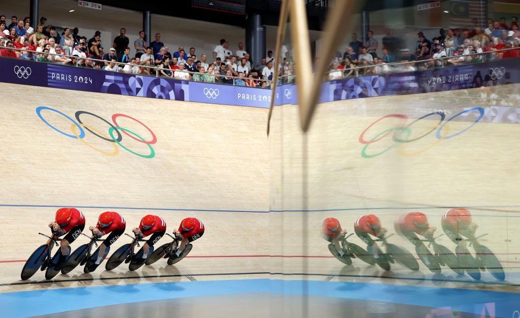 PARIS FRANCE AUGUST 06 Tobias Aagaard Hansen Niklas Larsen CarlFrederik Male and Rasmus Lund Pedersen of Team Denmark compete during the Mens Team Pursuit First Round on day eleven of the Olympic Games Paris 2024 at SaintQuentinenYvelines Velodrome on August 06 2024 in Paris France Photo by Tim de WaeleGetty Images